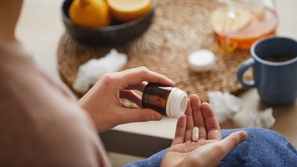 mulher pegando medicamento para endometriose nas mãos