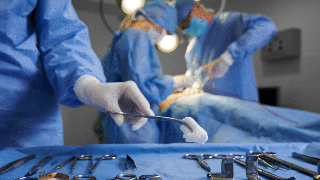 Médicos no andamento de uma cirurgia para endometriose