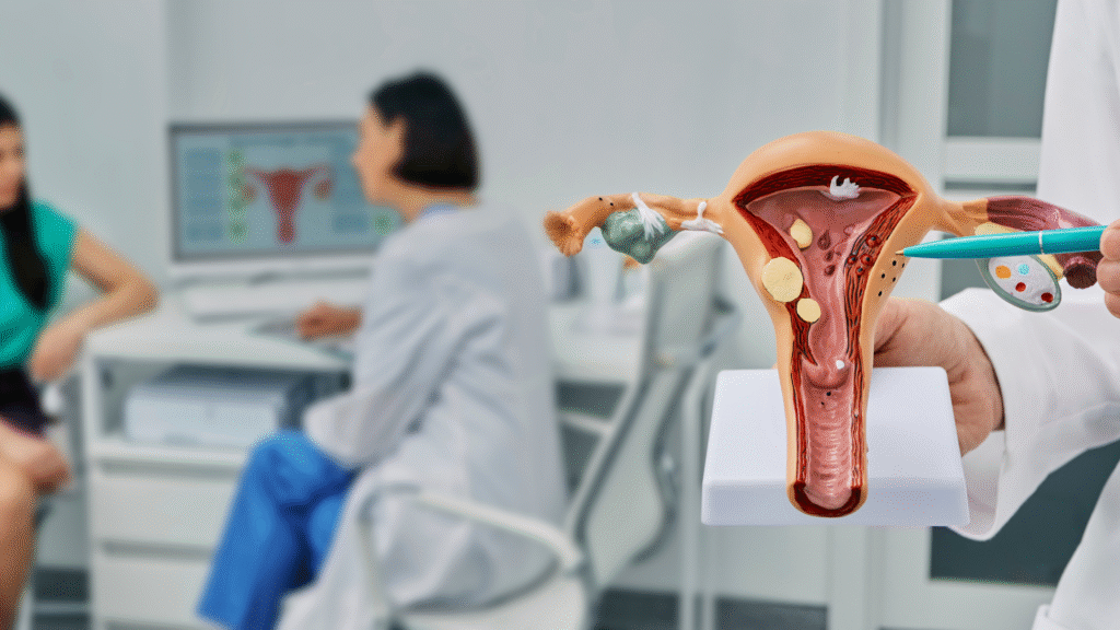 ilustração de um útero com focos de endometriose